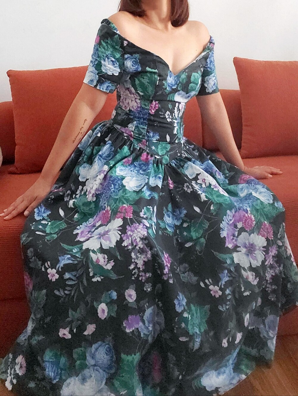 80s Floral Off-Shoulder Evening Dress in Black and Green